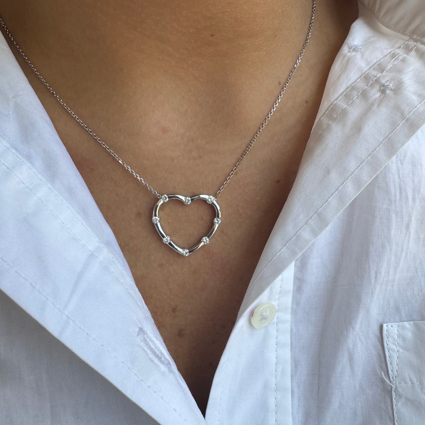 Gold & 8 Station Diamond Open Heart Necklace