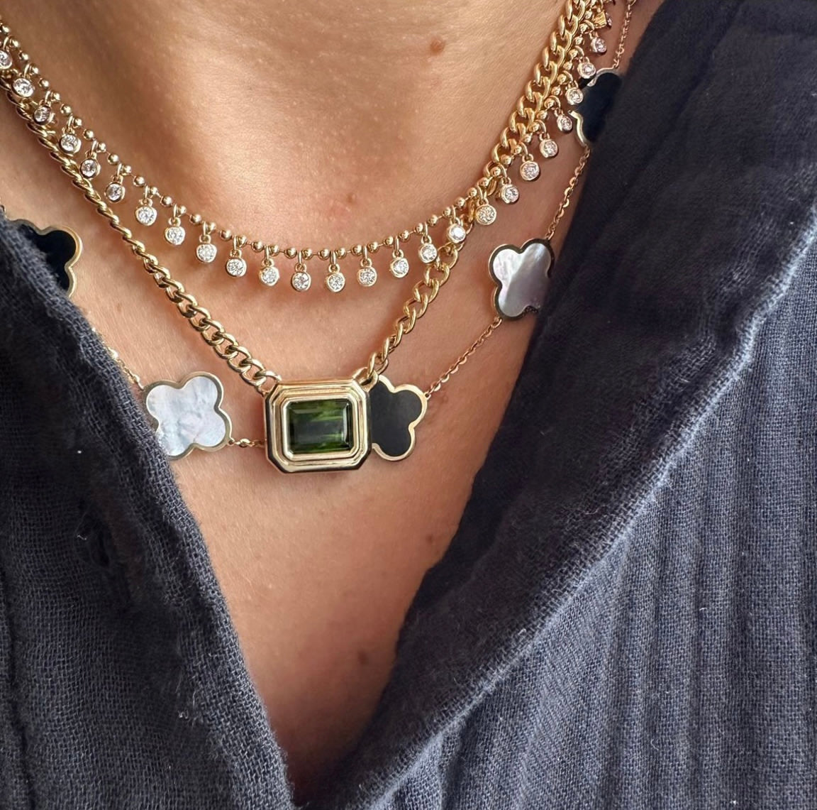 Double Bezel Baguette Peridot on Cuban Chain Necklace