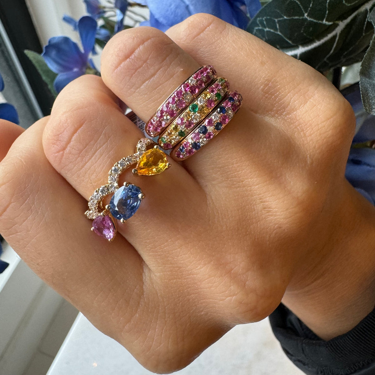 3 Colored Sapphires & Wavy Diamond Ring – Velvet Box Jewels