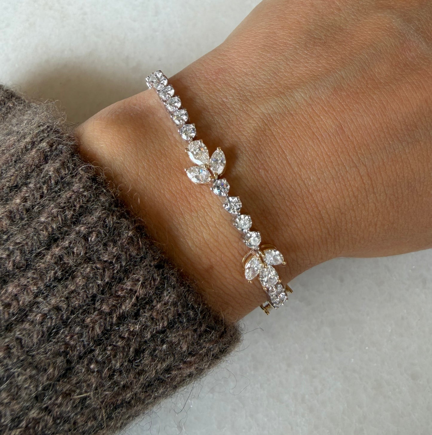 Lab Diamond Round & 3 Station Cluster Pear Two- Tone Tennis Bracelet