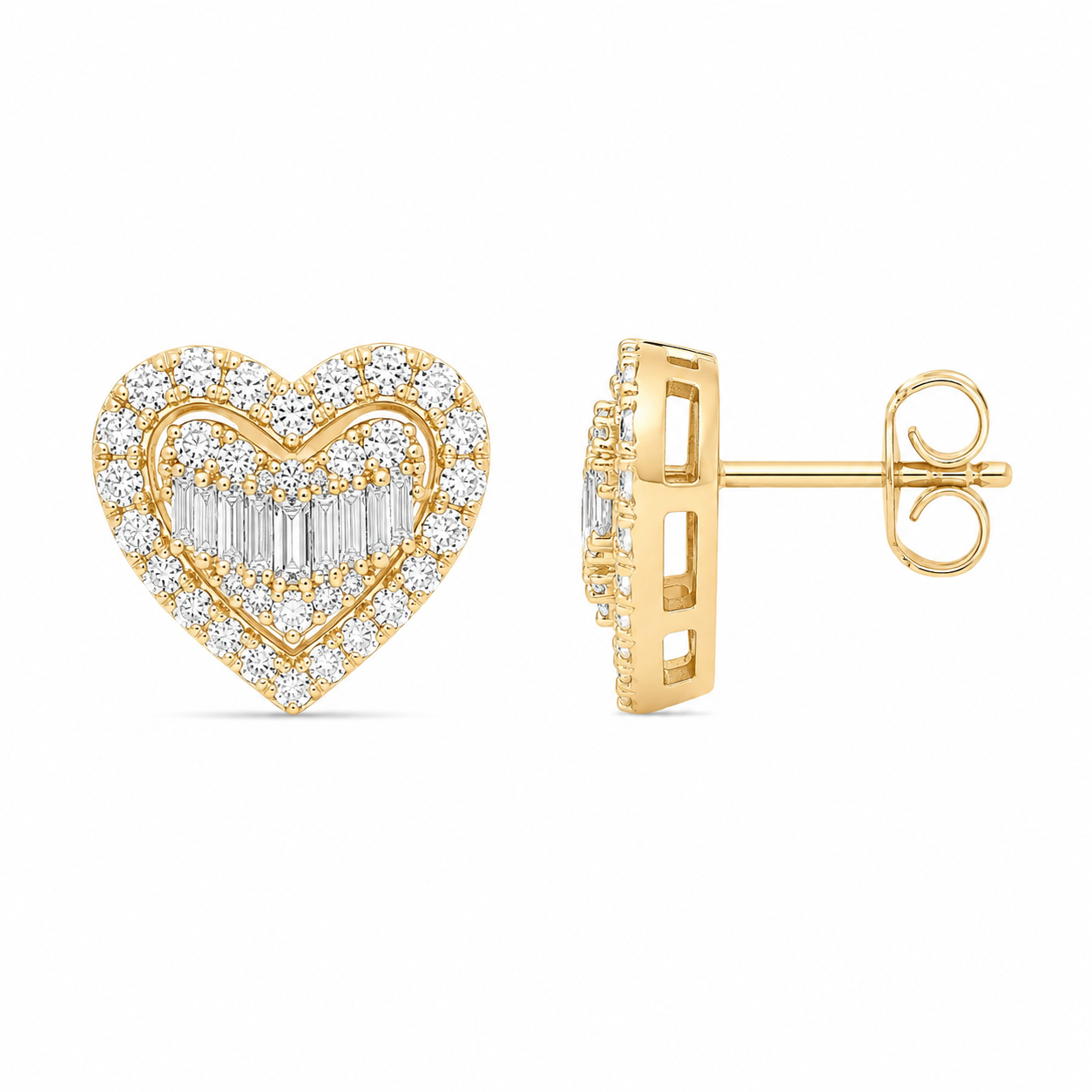 Baguette Diamond Halo Heart Earrings