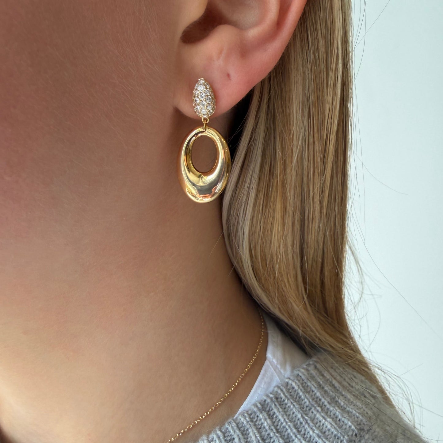Pave Diamond & Gold Oval Drop Earrings