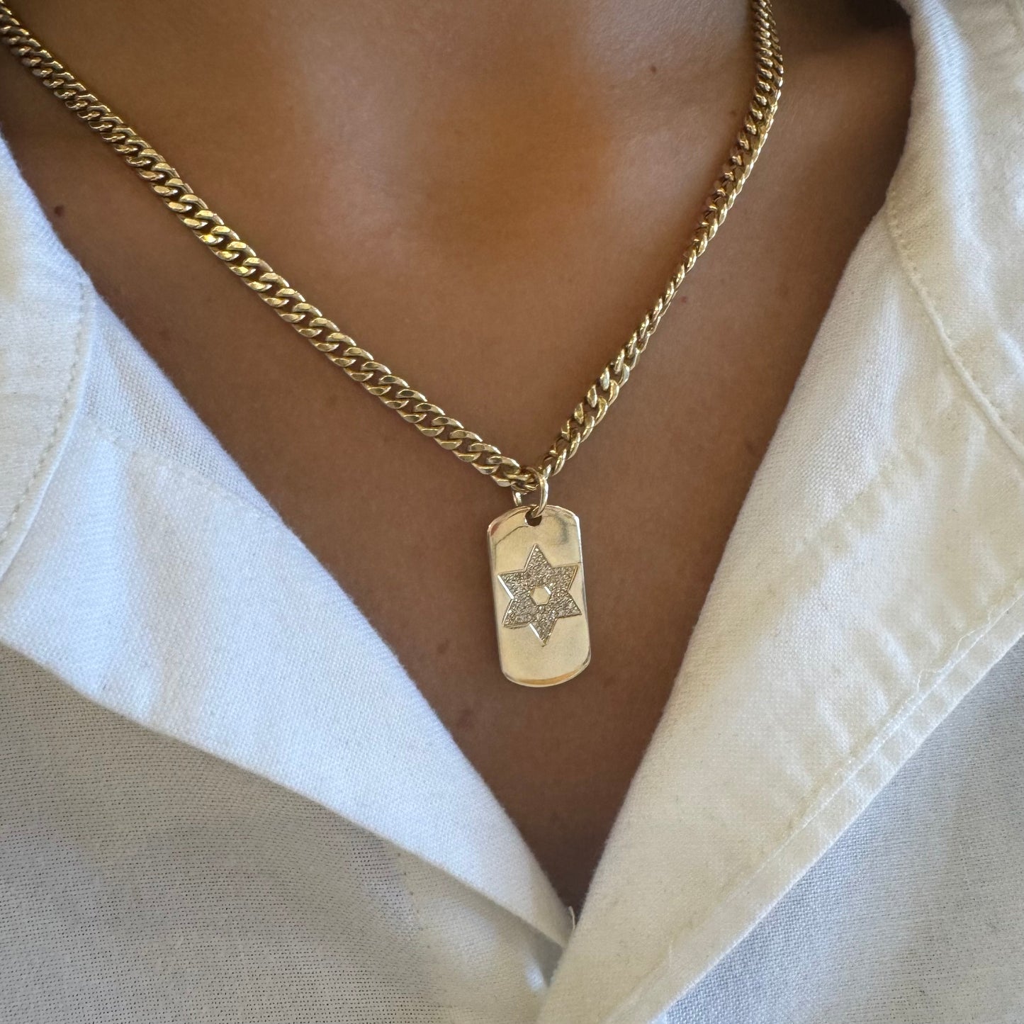 Gold Dog Tag W/ Diamond Magen David Charm