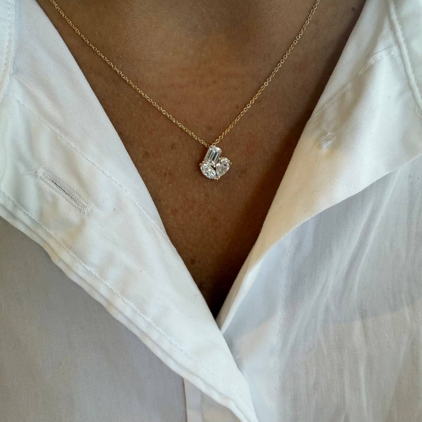3 Stone Mixed Shape Lab Diamond Pear, Marquee, & Emerald Necklace
