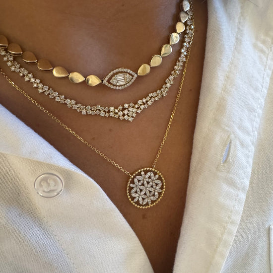 Diamond Flower & Gold Ball Disc on Chain Necklace