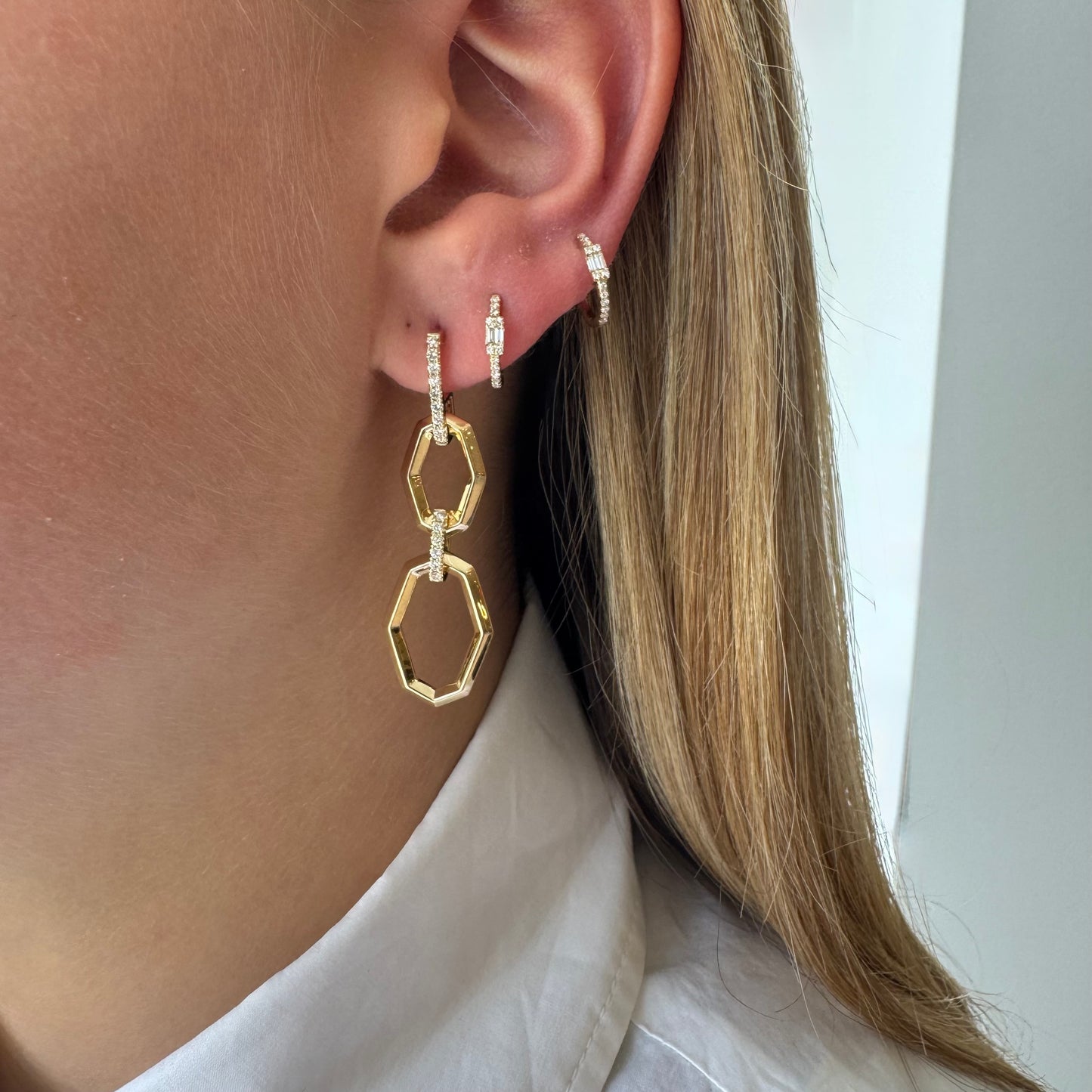 Double Gold Diamond Drop Earrings