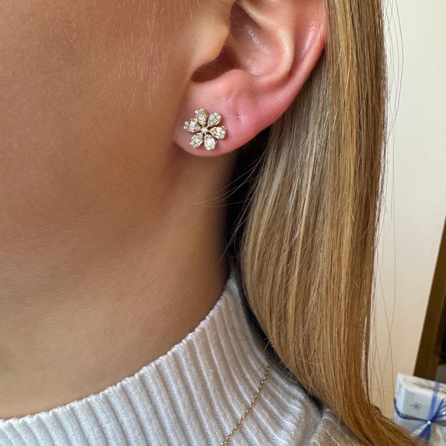 Mini 6 Petal Baguette Diamond Flower Earrings