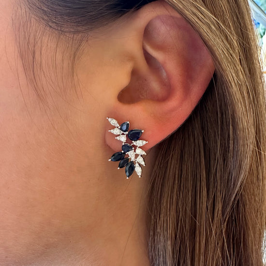 Diamond & Blue Sapphire Pear Cluster Earrings