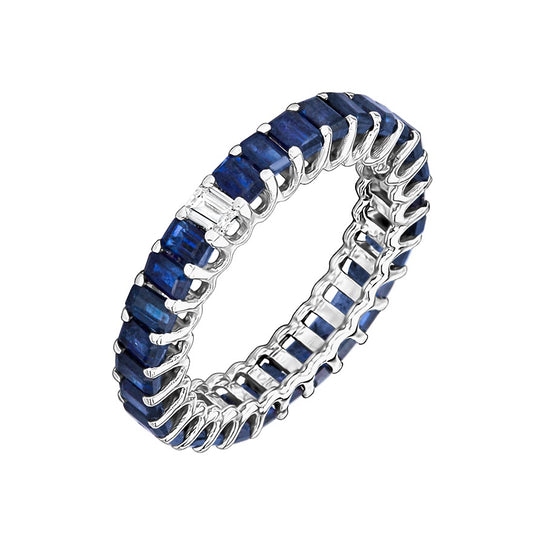 Blue Sapphire & Single Diamond Baguette Eternity Band