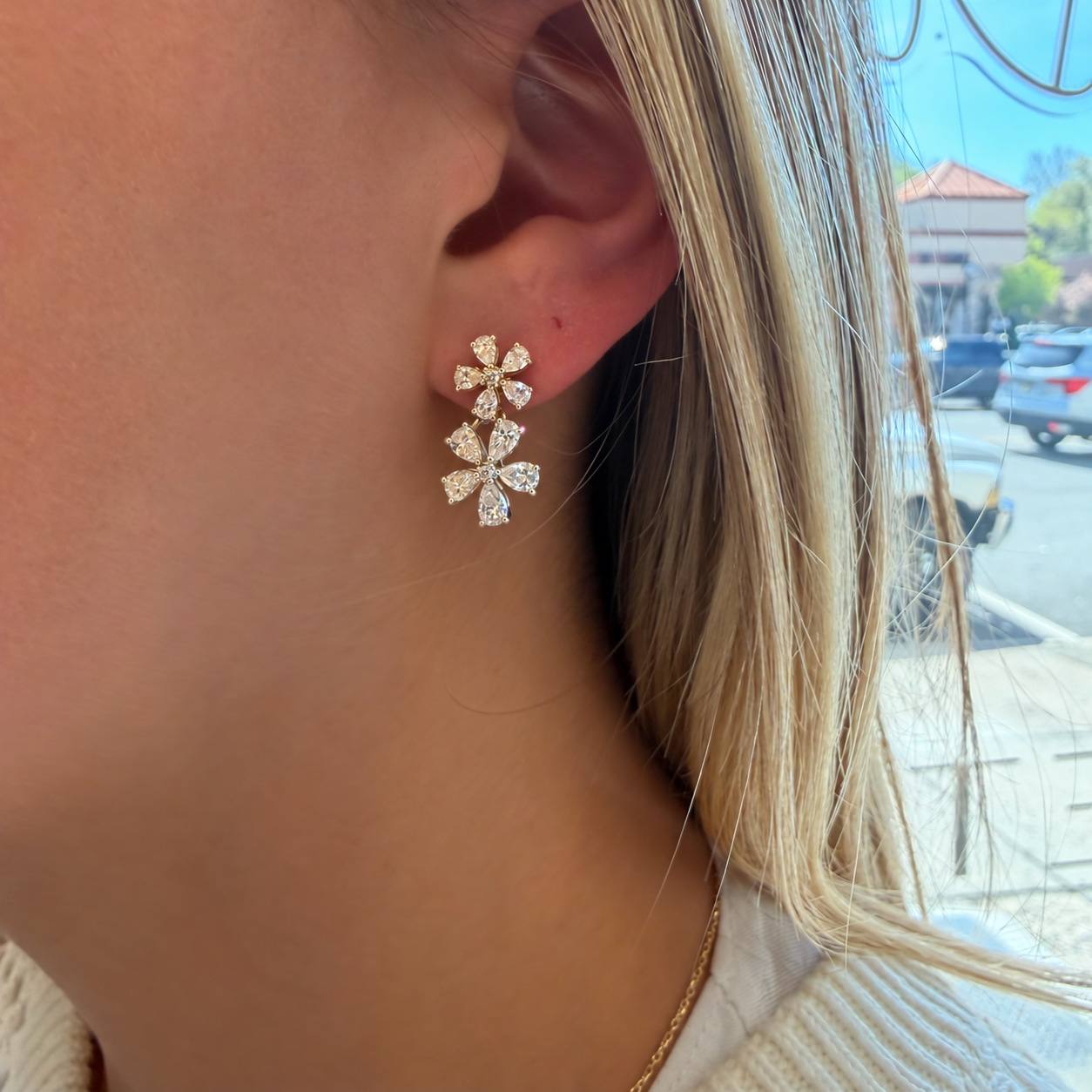 Double Lab Diamond Flower Hanging Earrings