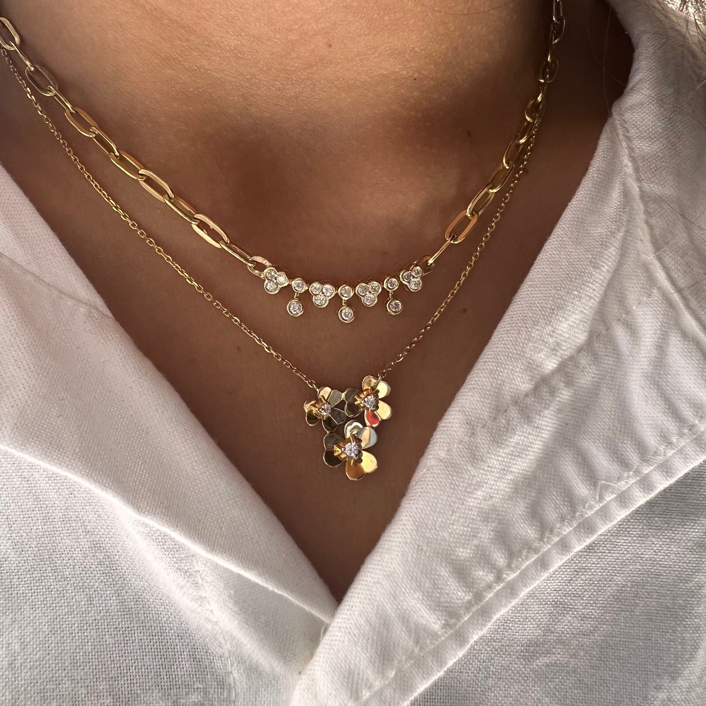 Paperclip Necklace With Bezel Diamonds & Hanging Diamonds