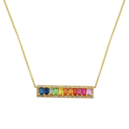 Baguette & Diamond Halo Rainbow Bar Necklace