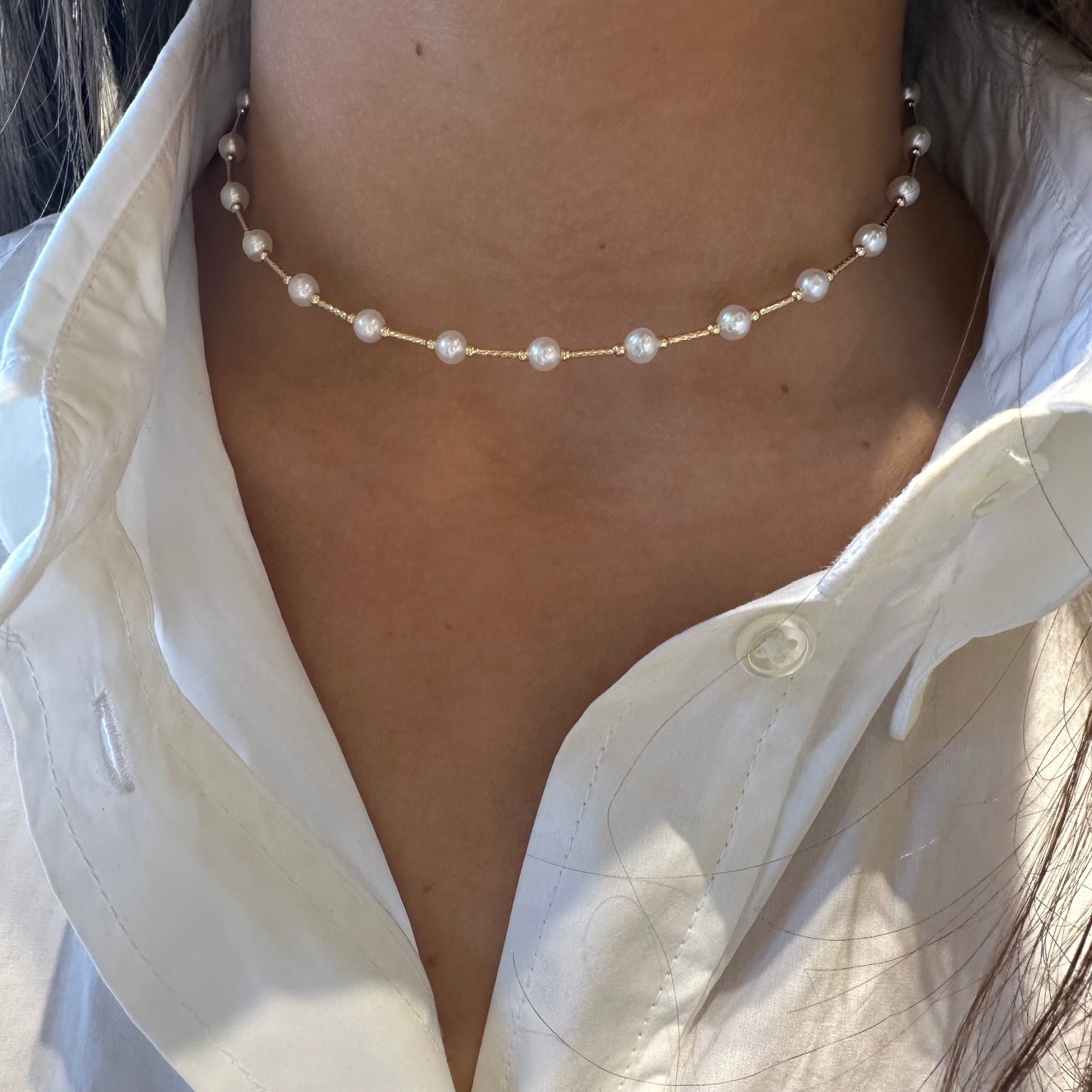 Pearl & Gold Bar Choker Necklace