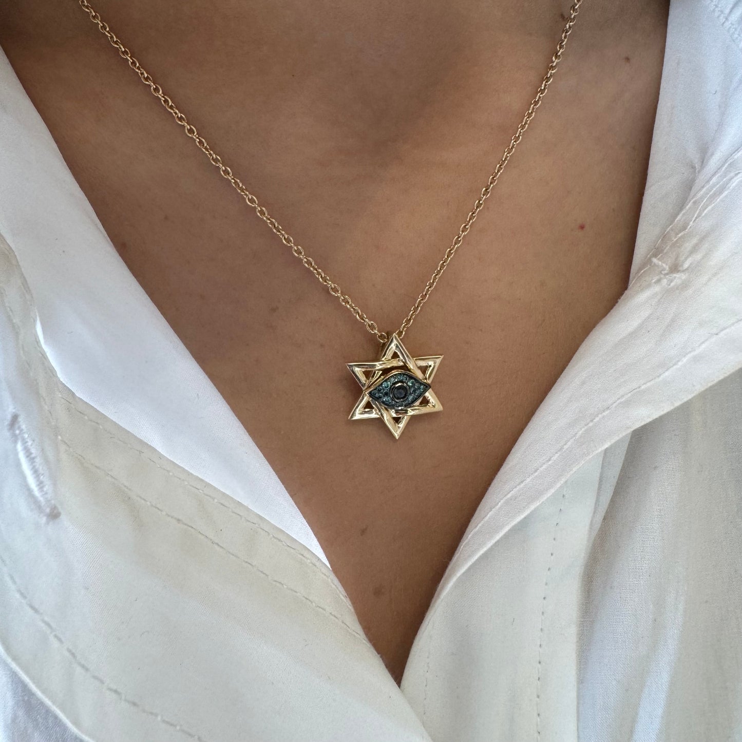 Gold & Blue Sapphire Magen David & Evil Eye Necklace