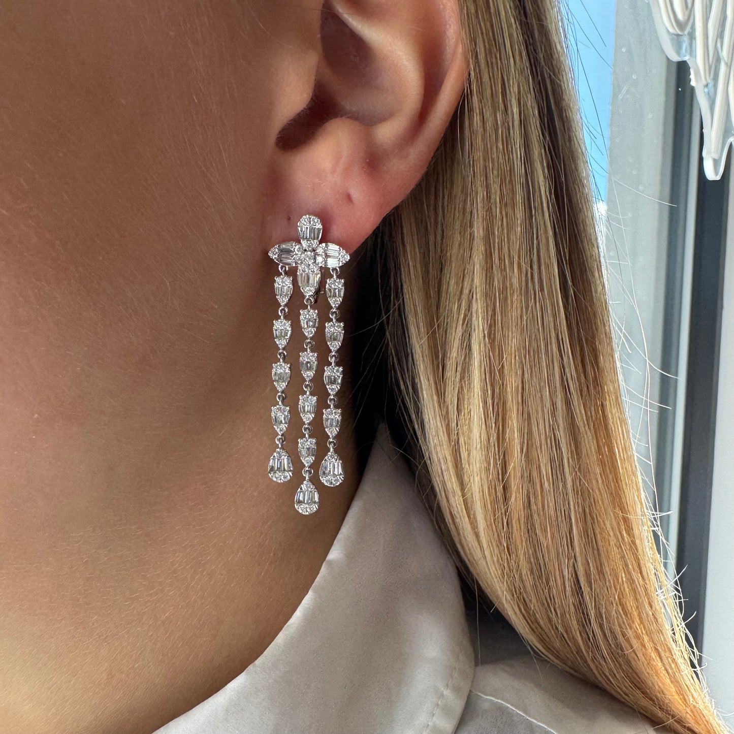 4 Petal Diamond Flower Dangle Earrings