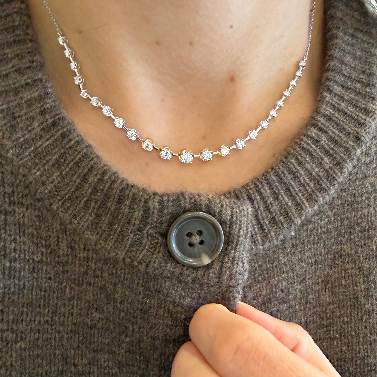 Graduated Two-Tone Lab Diamond on Bar Necklace
