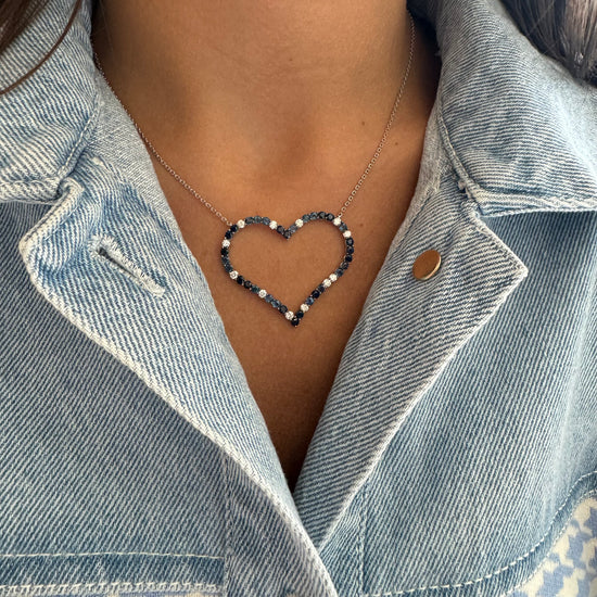 X-Large Open Diamond Heart Necklace, Blue Sapphire & Diamond Mix