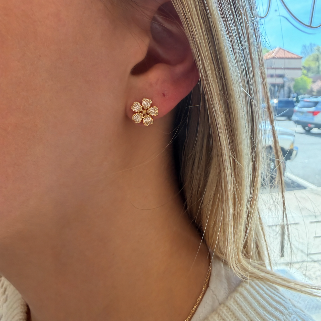 5 Petal Baguette Diamond Flower Earrings