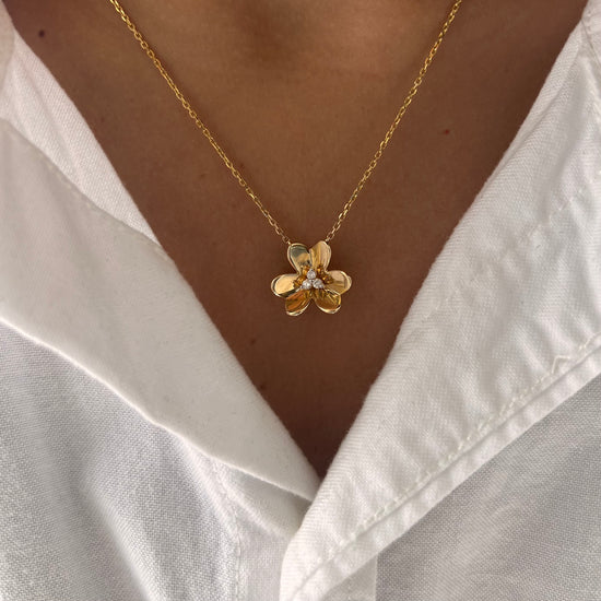 Large 3 Petal Diamond & Gold Flower Necklace