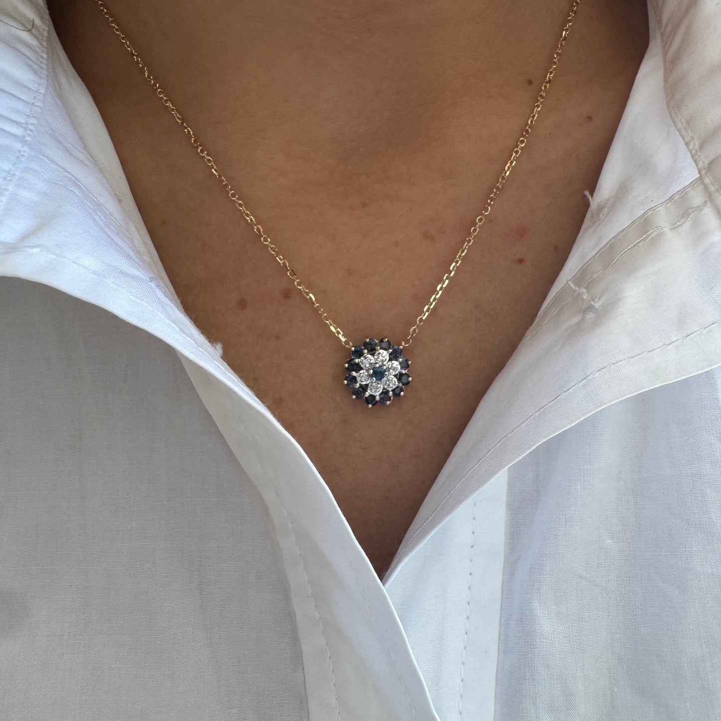 Diamond & Blue Sapphire Flower Necklace