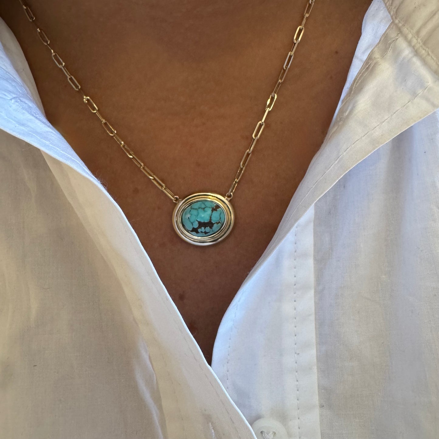 Double Bezel Oval Turquoise on Baby Paperclip Necklace