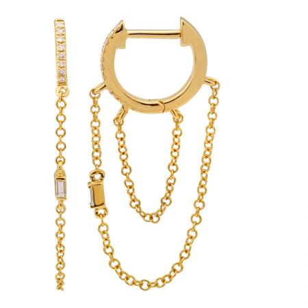 Diamond Huggies with Hanging Double Chain & Baguette Diamond