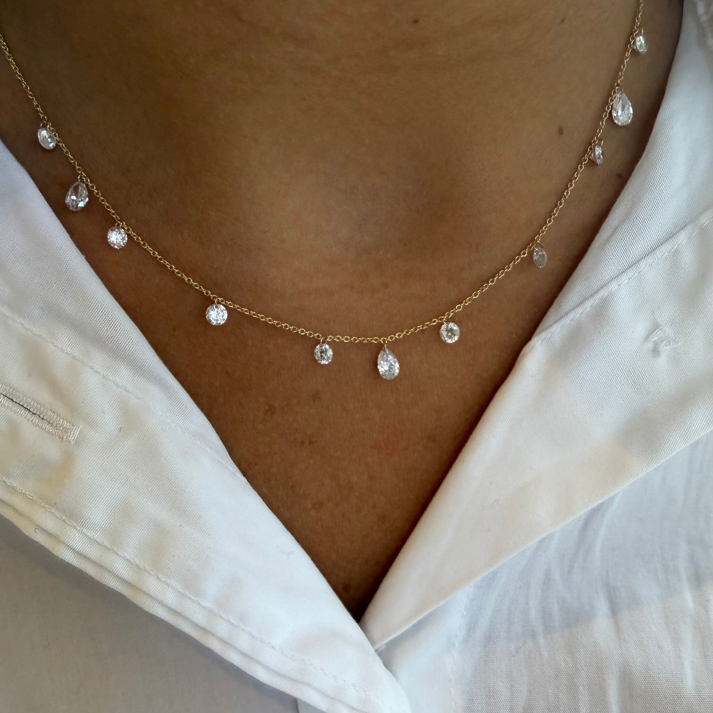 Lab Floating Diamond Round & Pear Station Necklace