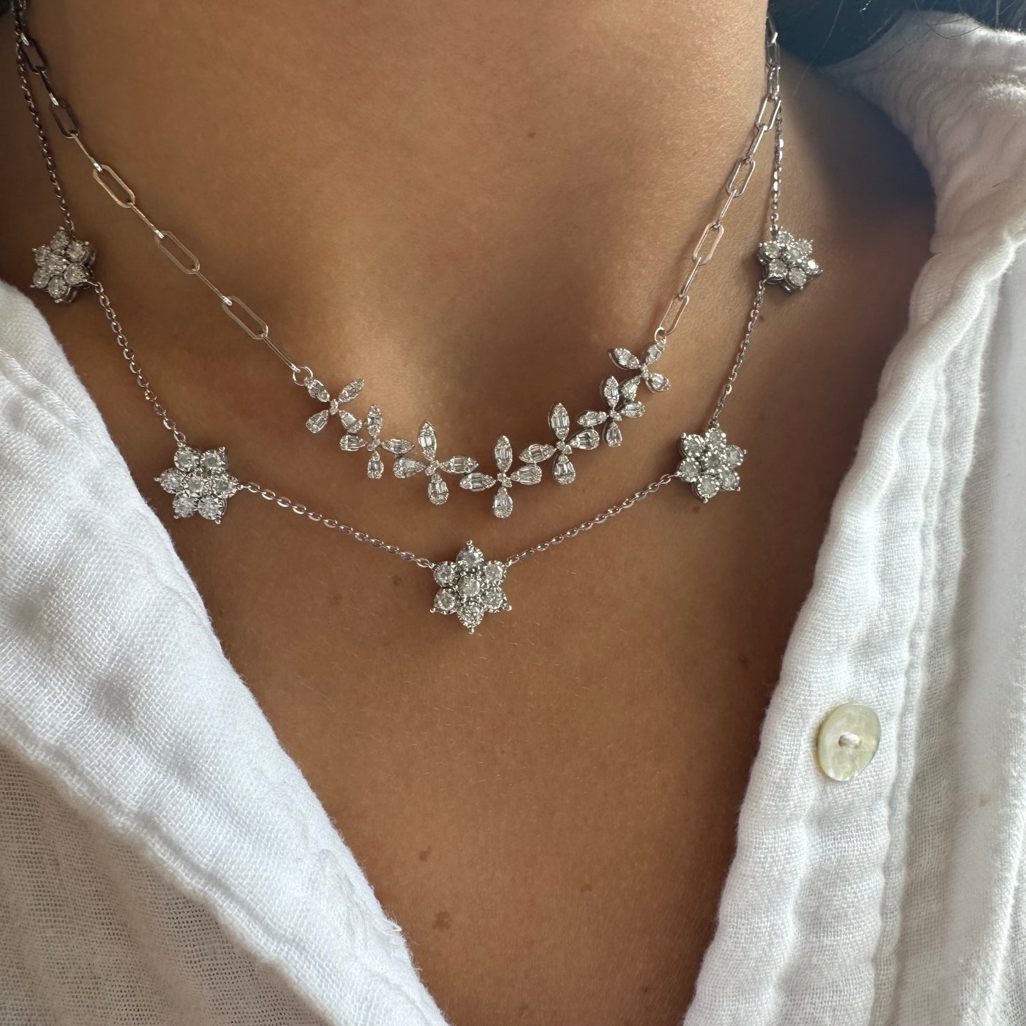 7 Diamond Flowers on Paperclip Chain Necklace