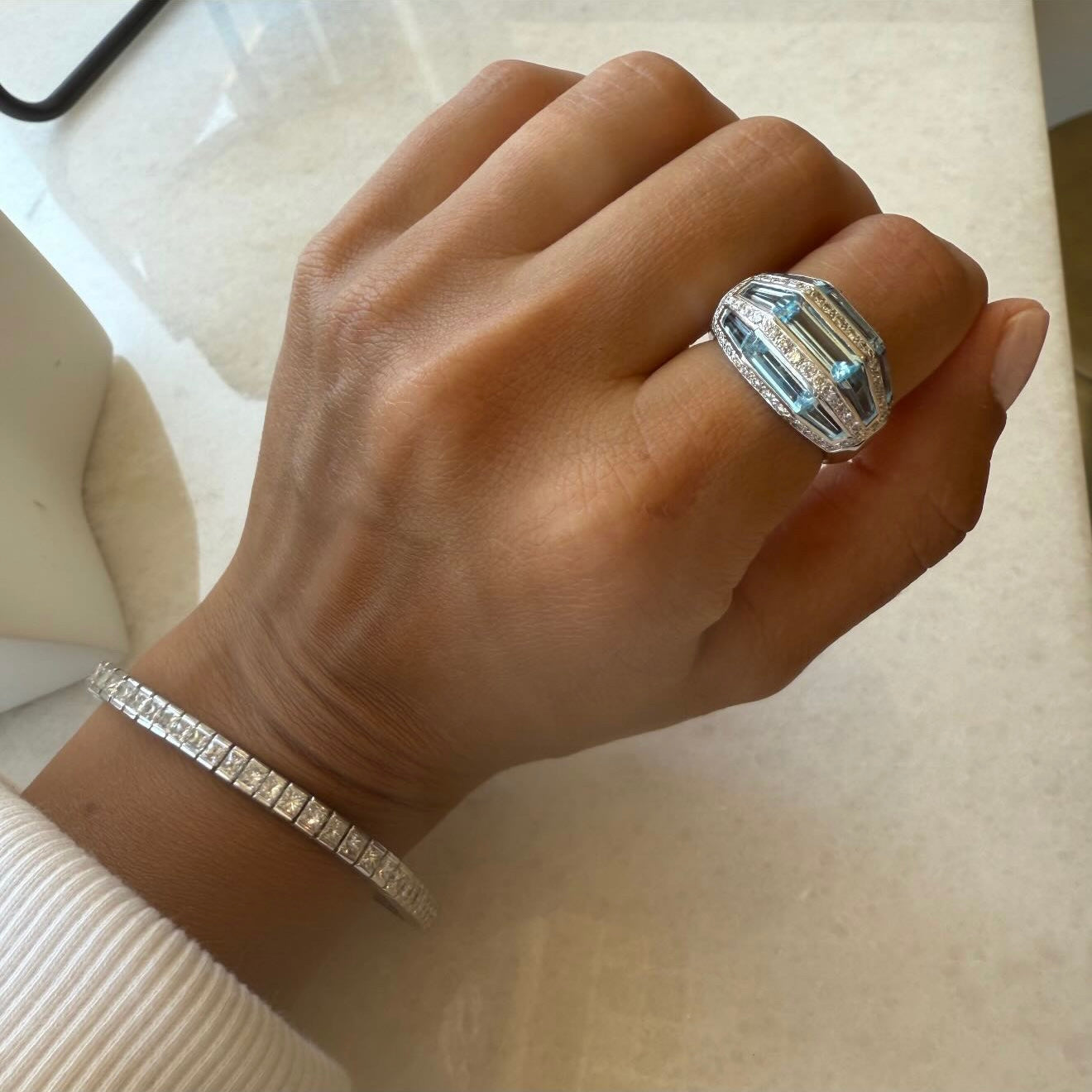 18K Diamond & Blue Topaz Art Deco Ring