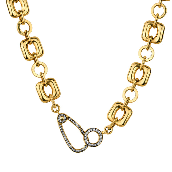Chunky Round and Square Link Necklace with Black Rhodium Diamond Clasp