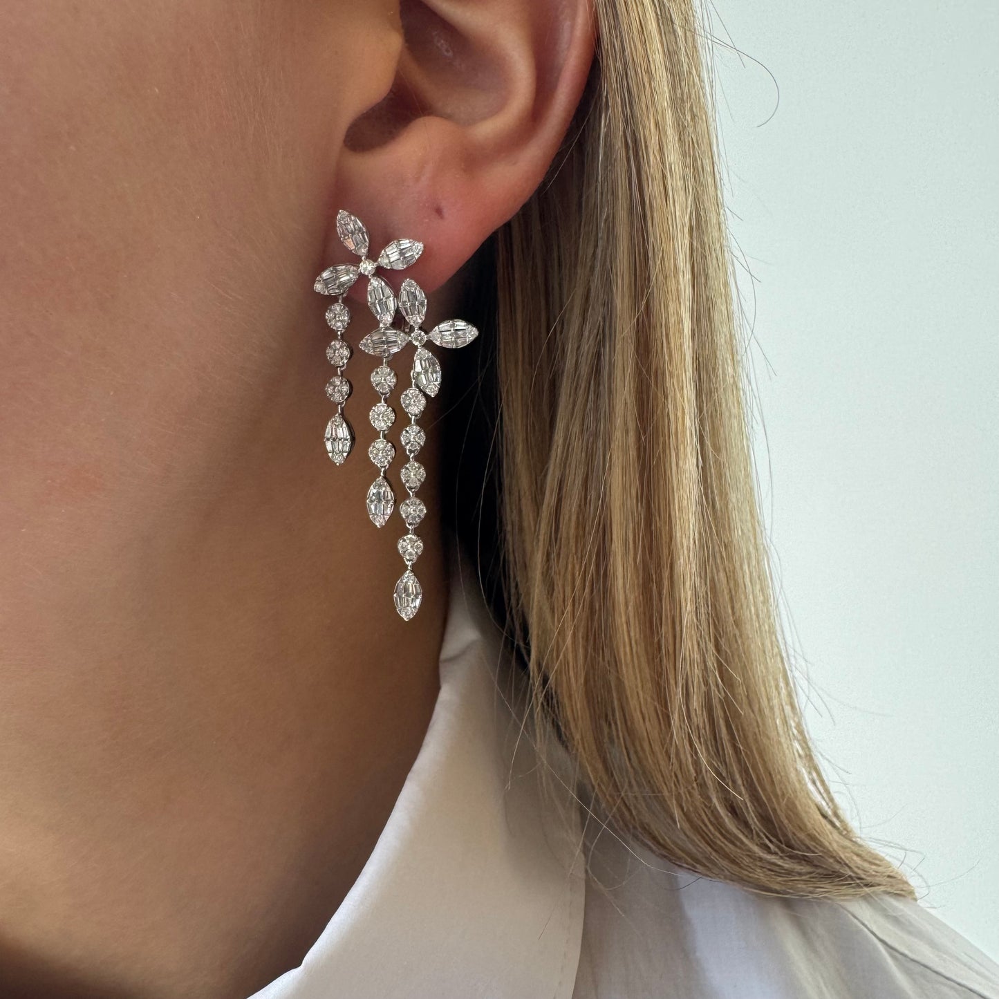 4 Petal Double Diamond Flower Dangle Earrings