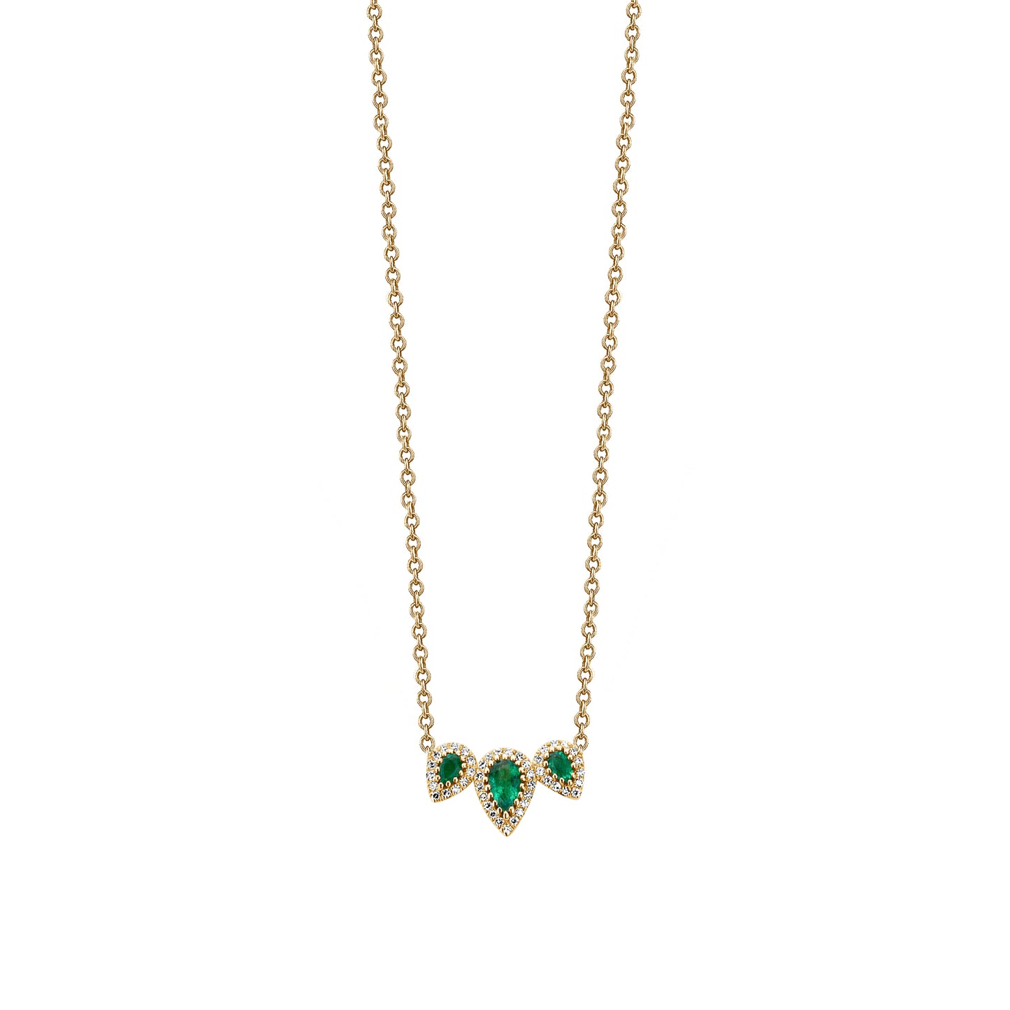 3 Pear Shaped Emerald & Diamond Halo Chain Necklace