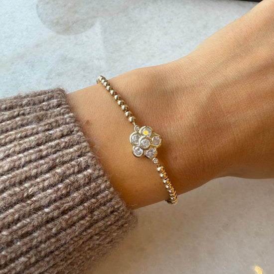 3 mm Stretch Ball Bracelet W Bezel Crystal Flower