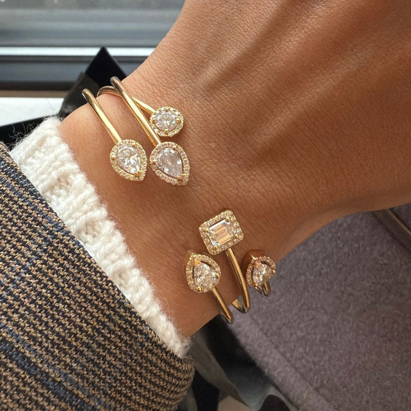 Rose Gold Cuff W Two Diamond & Halo Pears