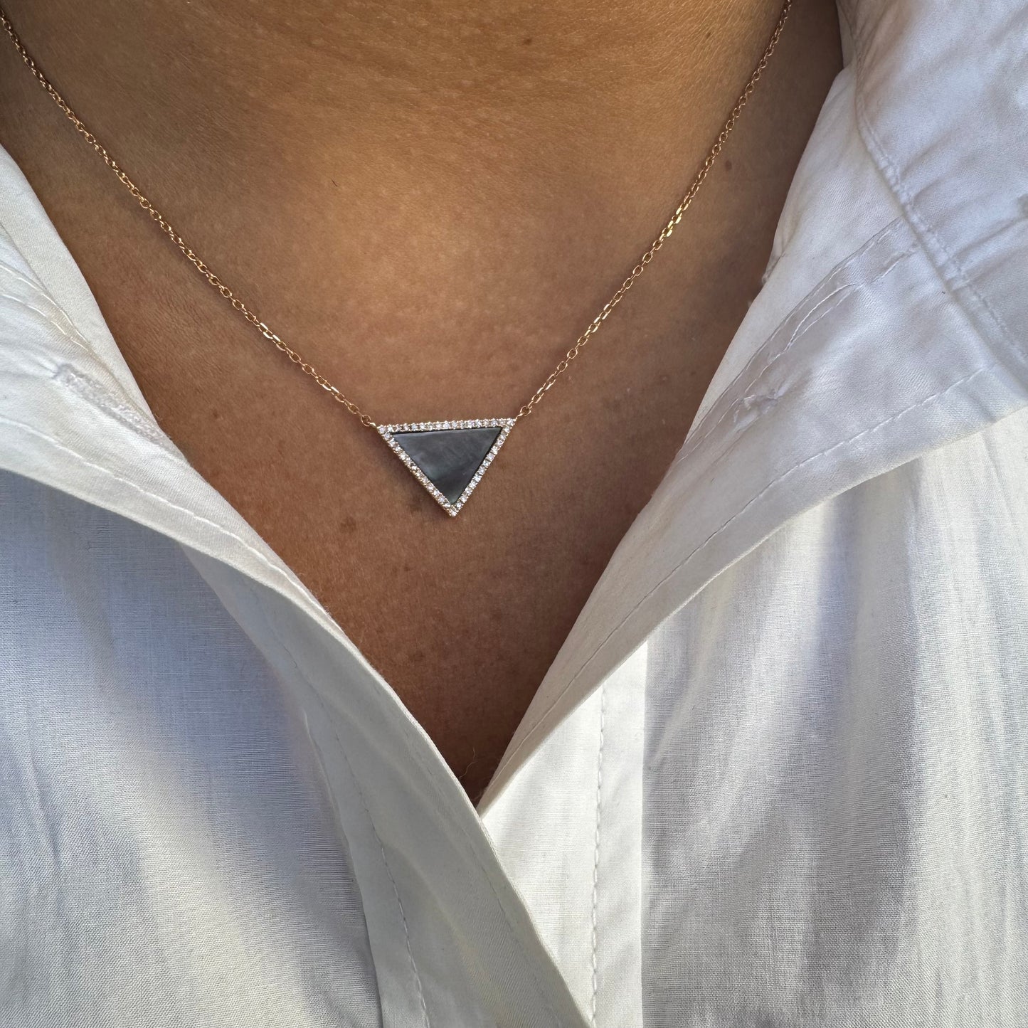 Grey Mother of Pearl Triangle & Diamond Halo Necklace