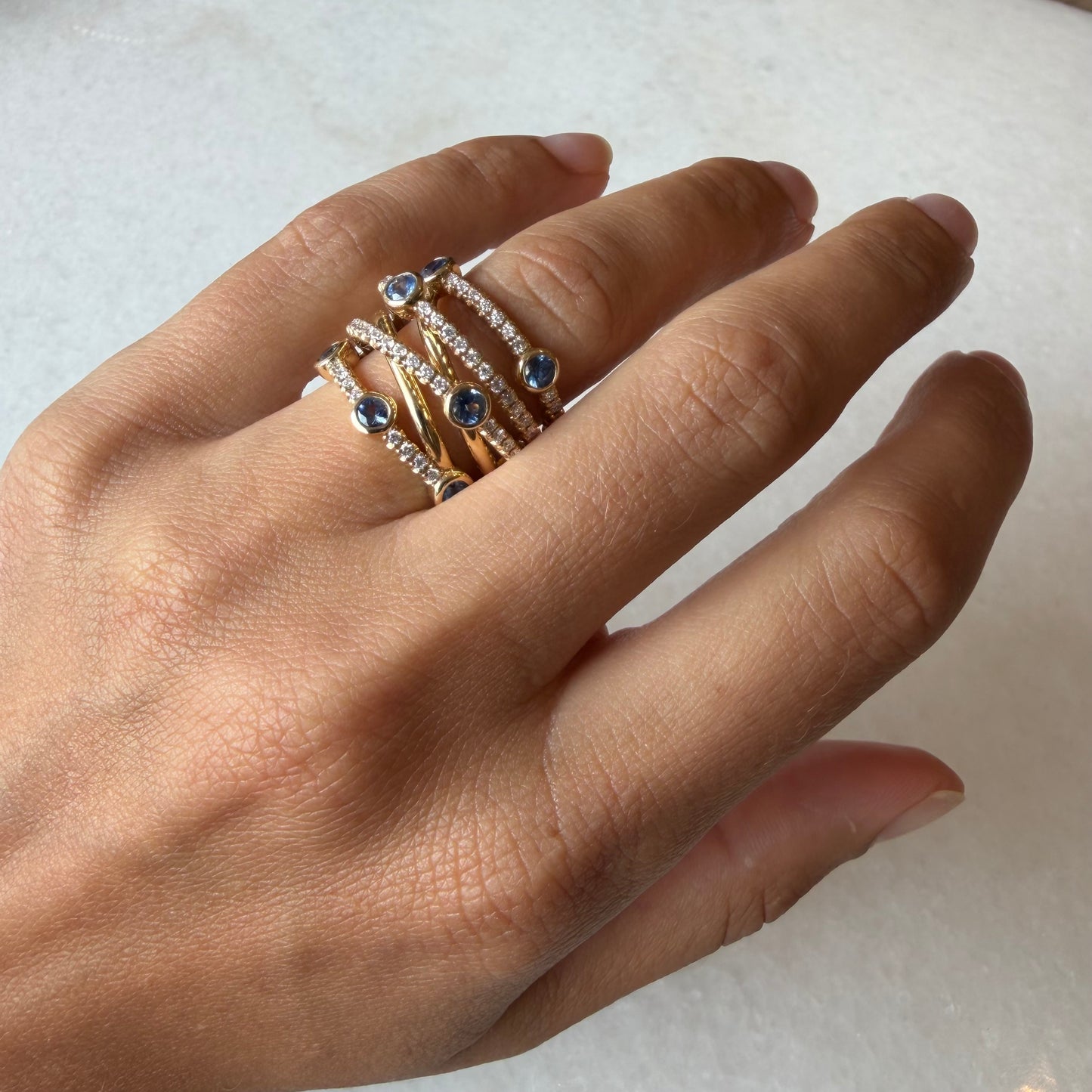 Gold, Diamond, & Blue Sapphire Multi-Row Stackable Ring