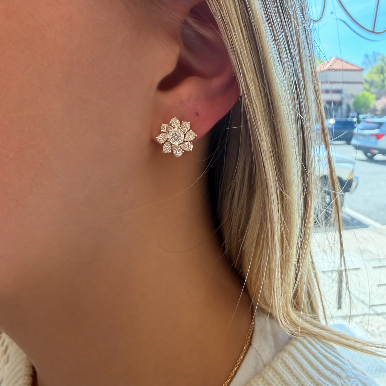 Small Lab Pear & Round Diamond Flower Earring