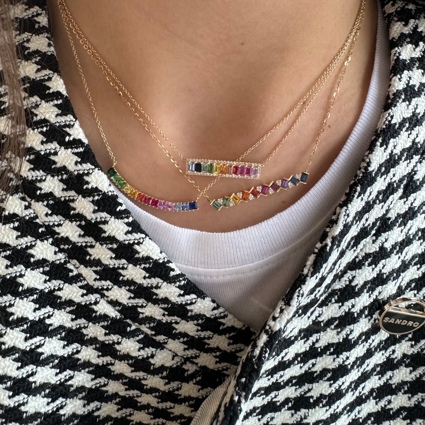 Baguette & Diamond Halo Rainbow Bar Necklace