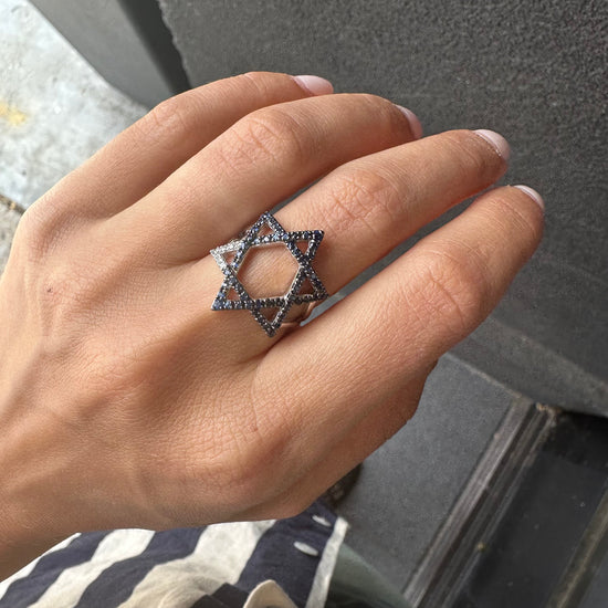 Large Ombre Blue Sapphire & Diamond Magen David Ring