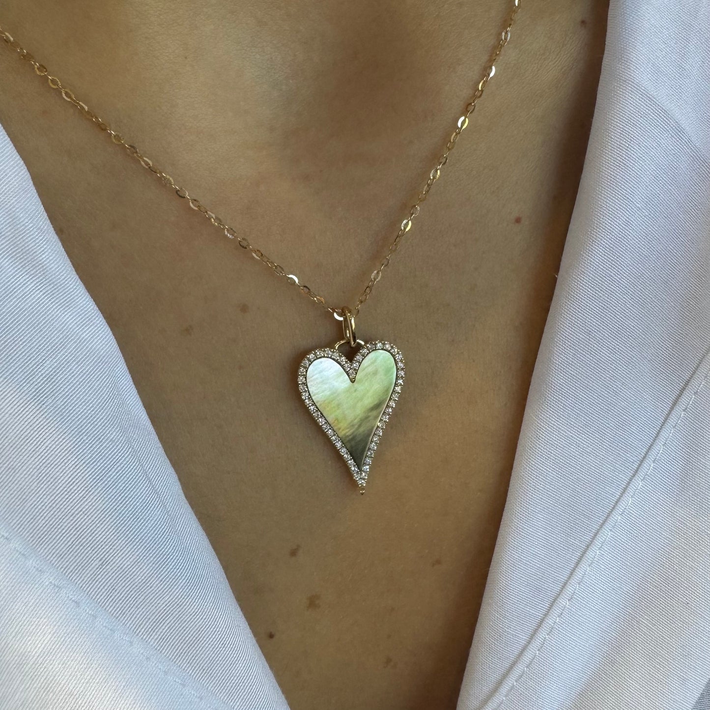 Silver Mother Of Pearl Elongated Heart Necklace