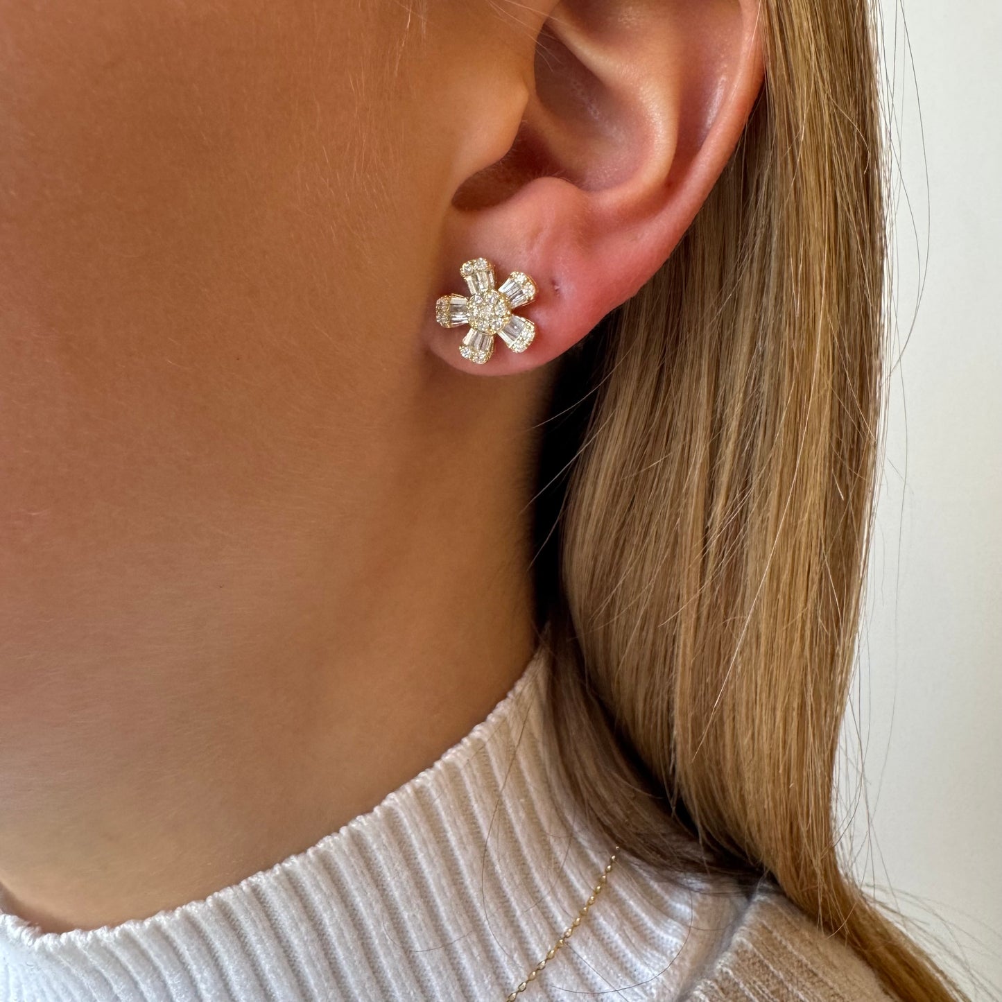 5 Baguette Diamond Flower Earrings