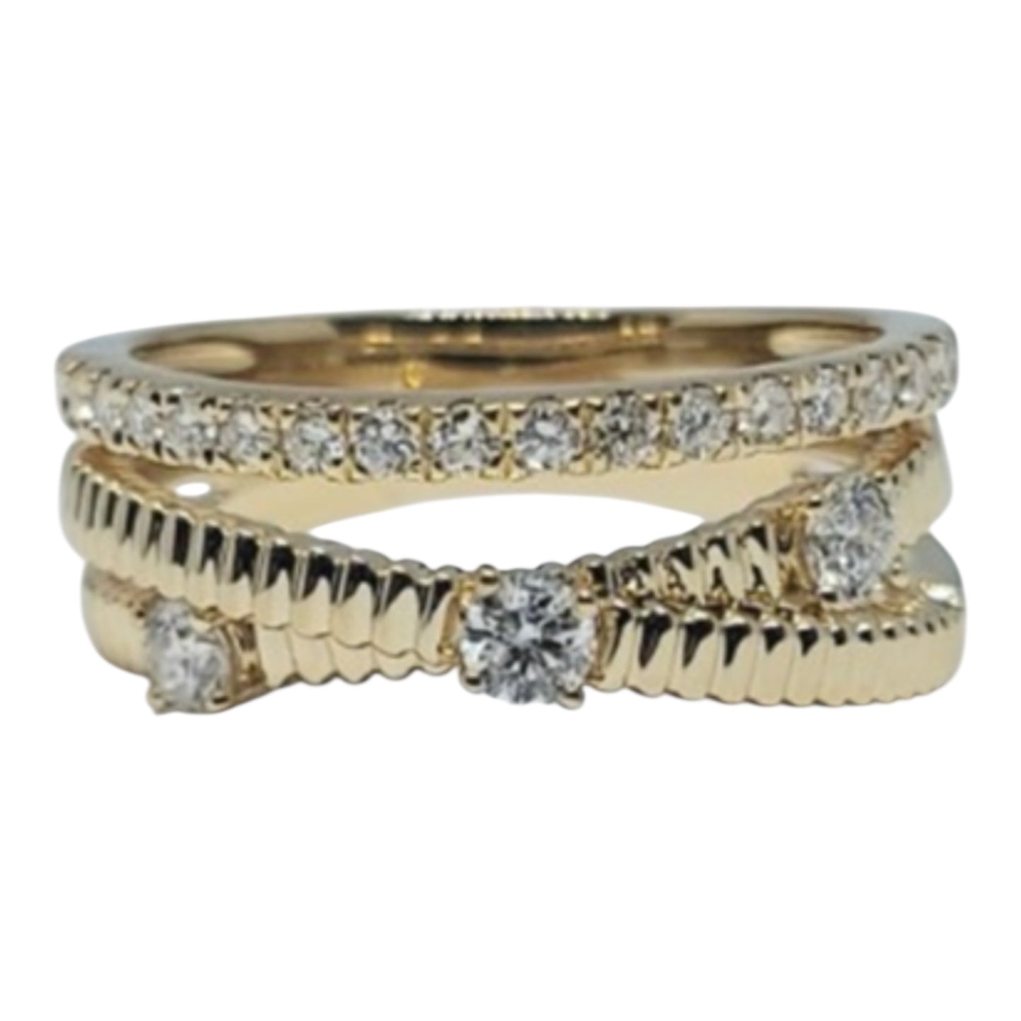 Triple Row Diamond & Fluted Gold Ring