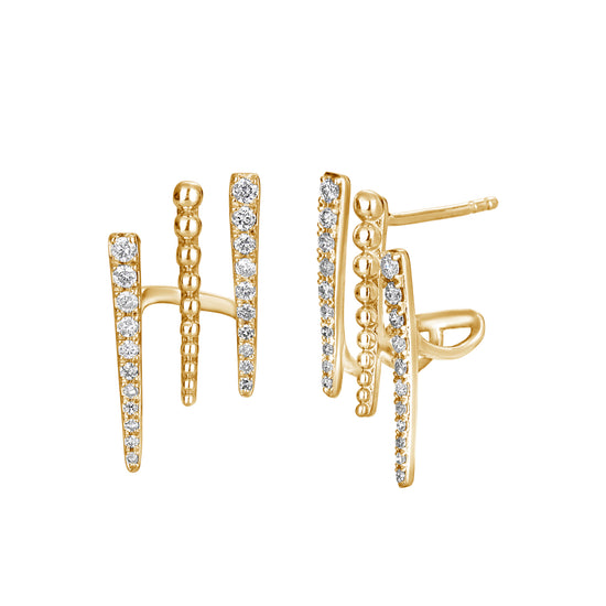 3 Line Diamond & Gold Ball Bar Spikey Cage Earrings