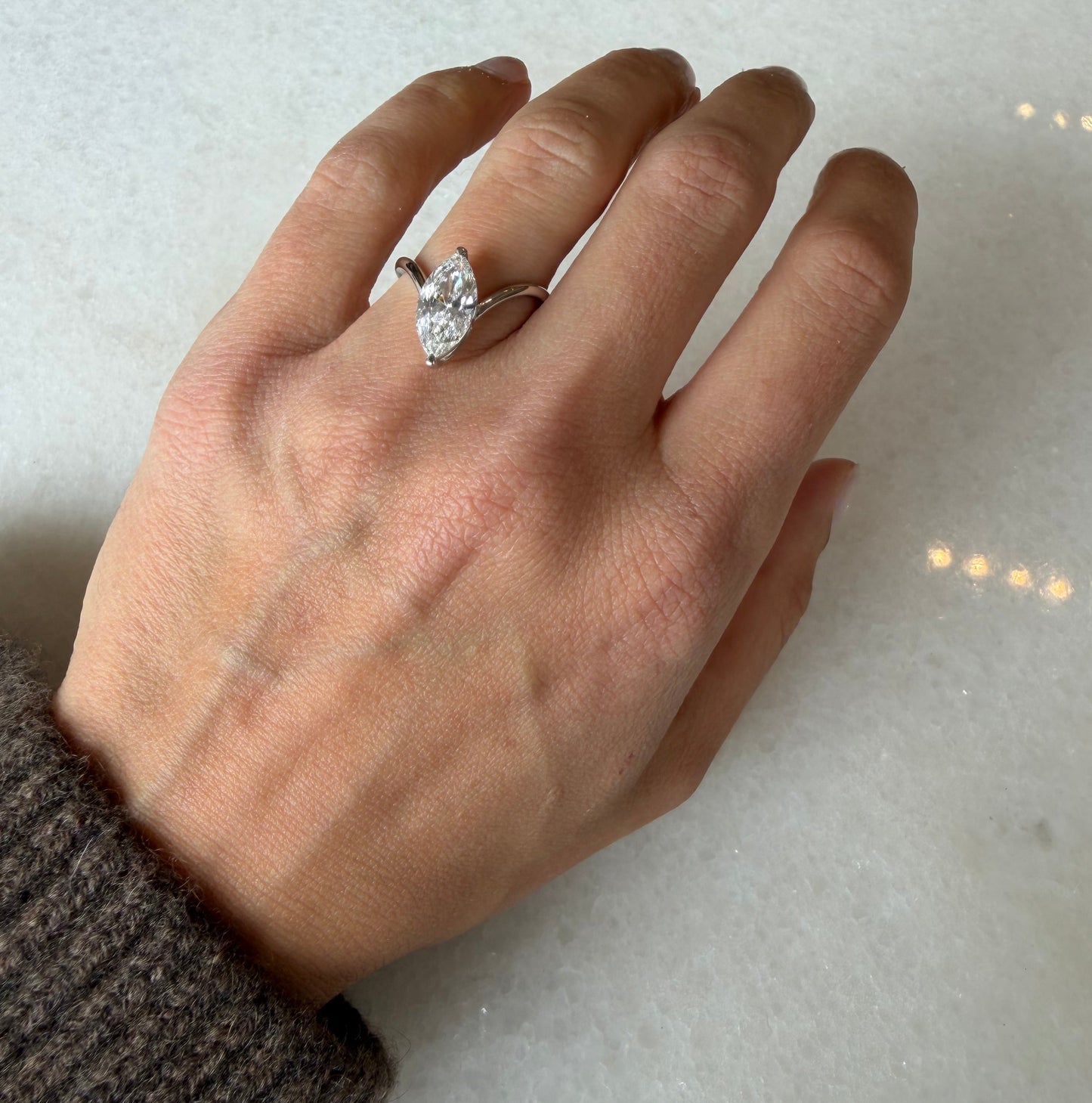 Lab Diamond Marquee Engagement Ring on Waved Band
