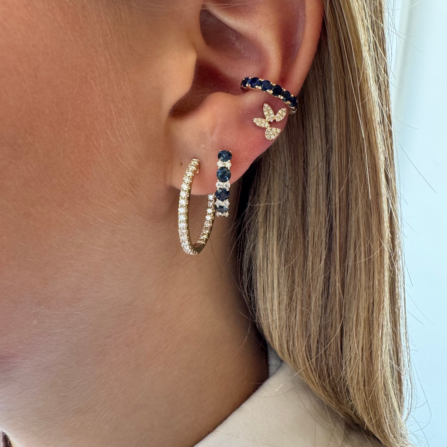 Diamond and Blue Sapphire Gold Huggies