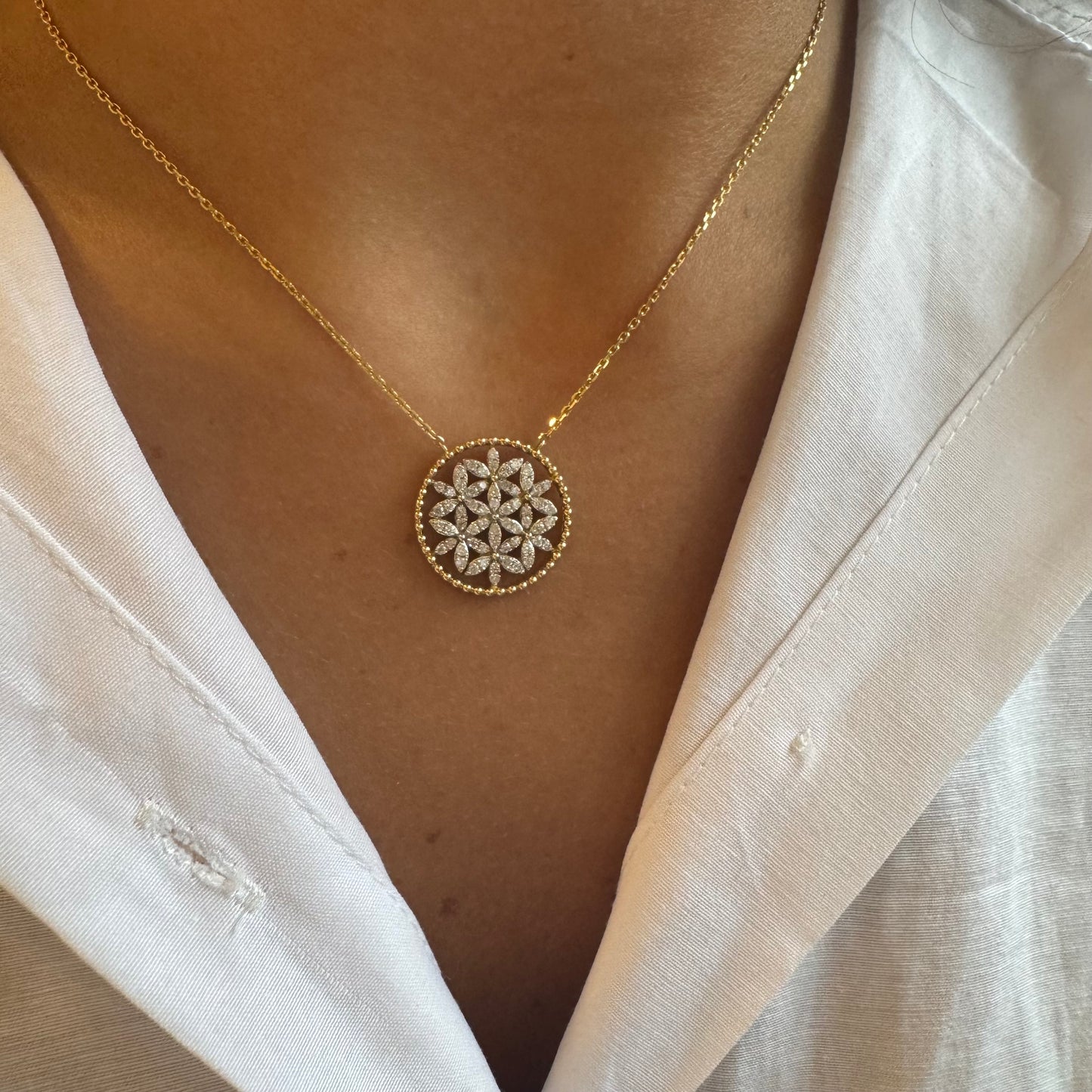 Diamond Flower & Gold Ball Disc on Chain Necklace