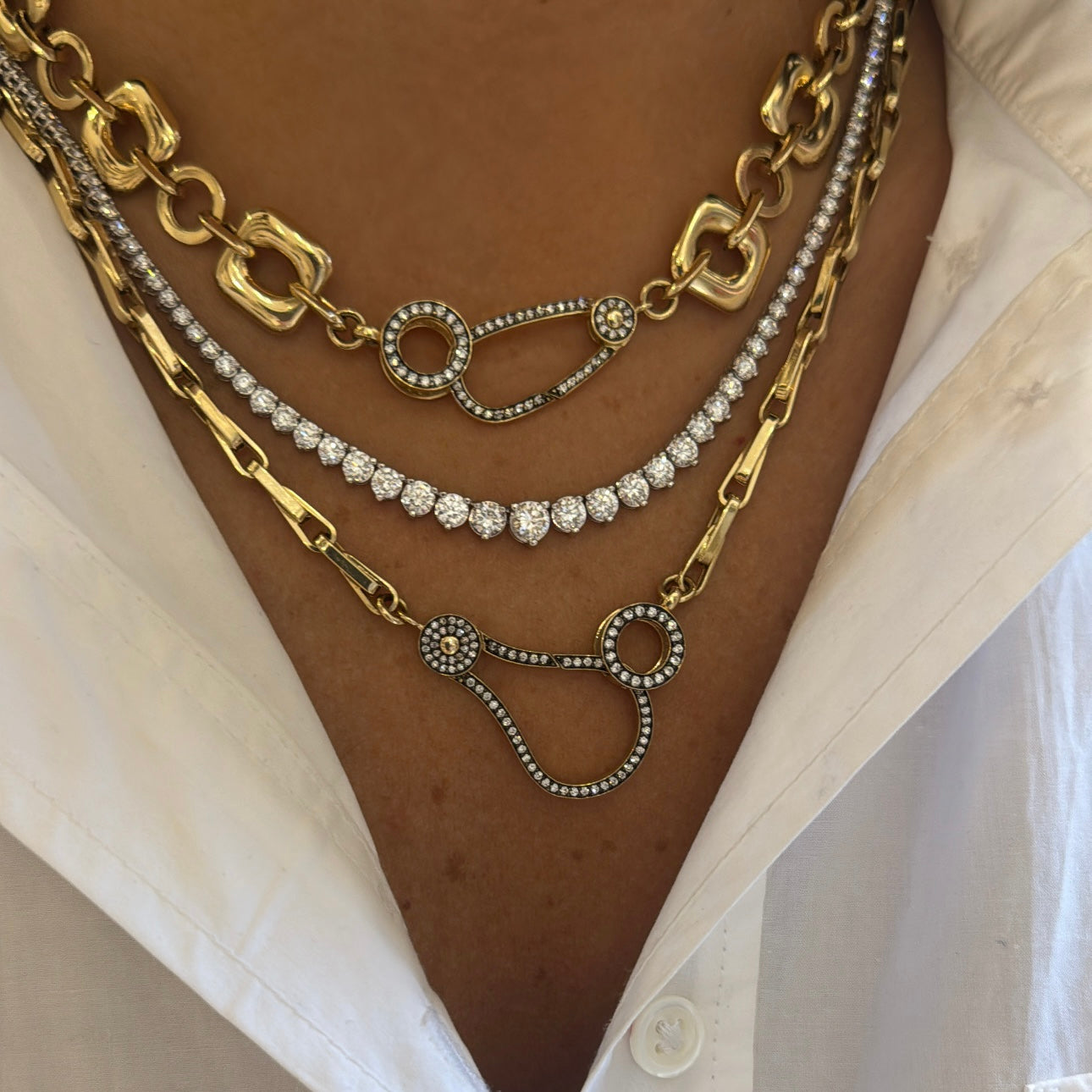 Chunky Round and Square Link Necklace with Black Rhodium Diamond Clasp