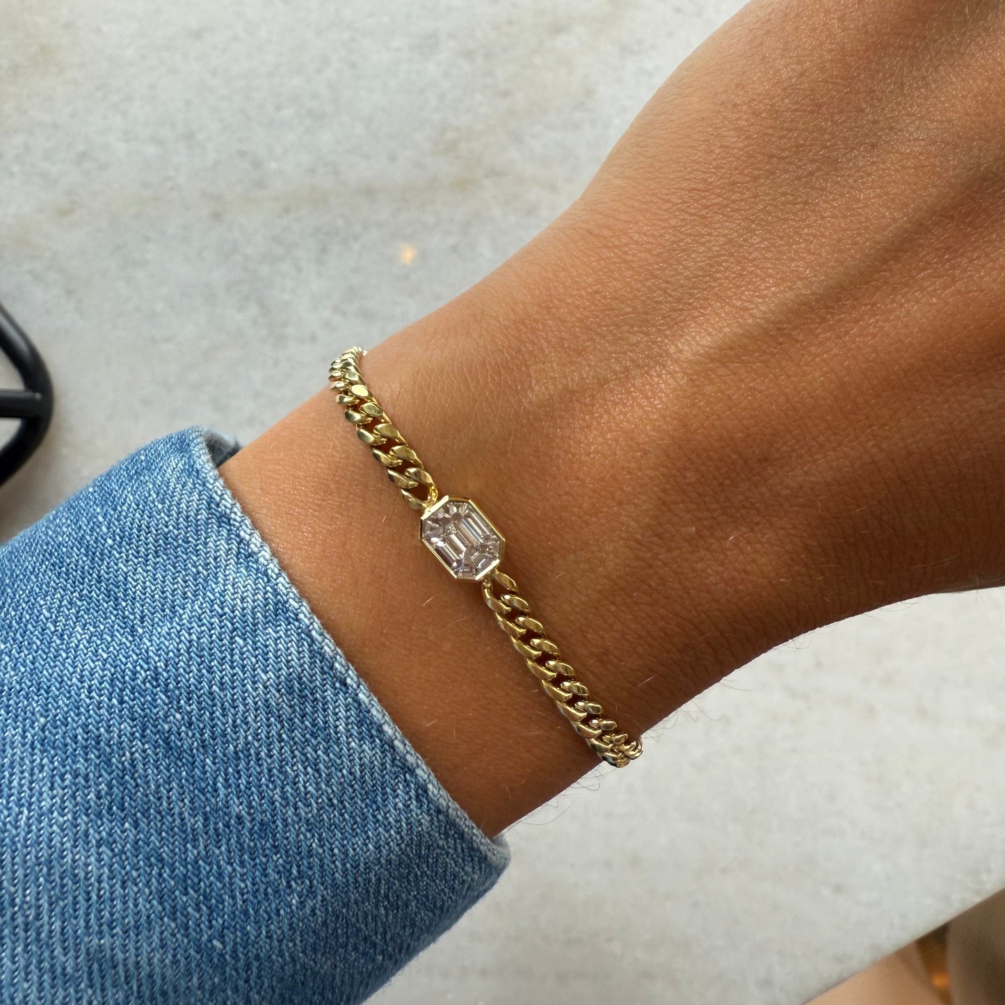 Cuban Chain Bracelet With Bezel  Baguette Emerald