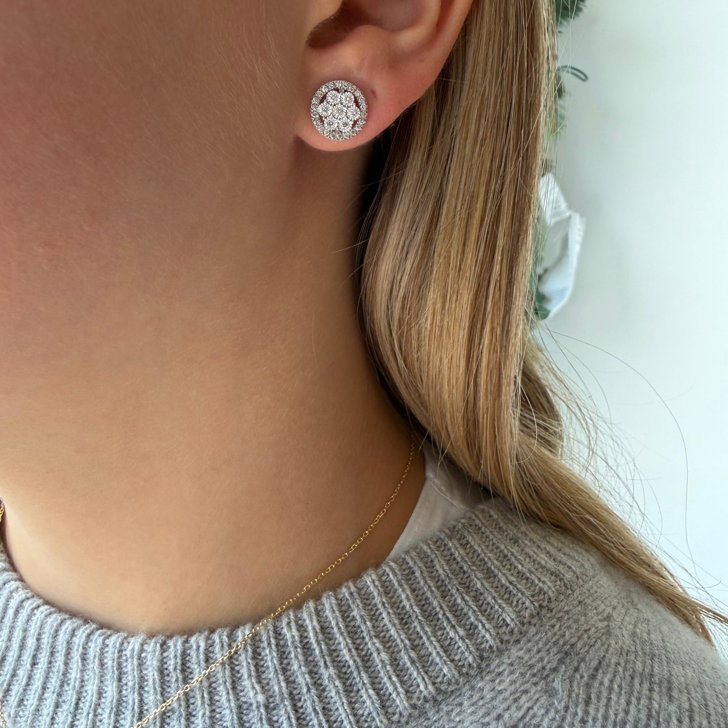 Round Diamond Flower Cluster Earrings With Halo
