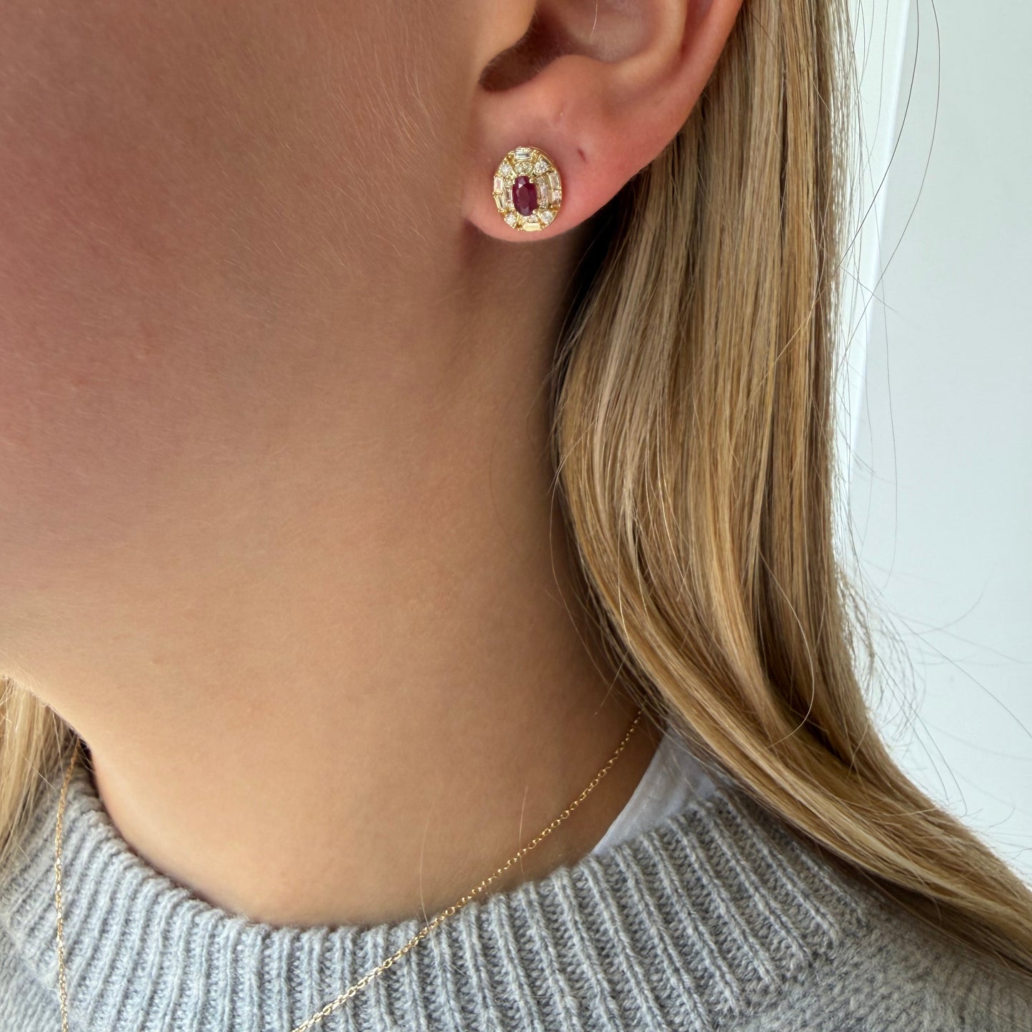 Baguette Diamond Oval Earrings With Colored Stone Center